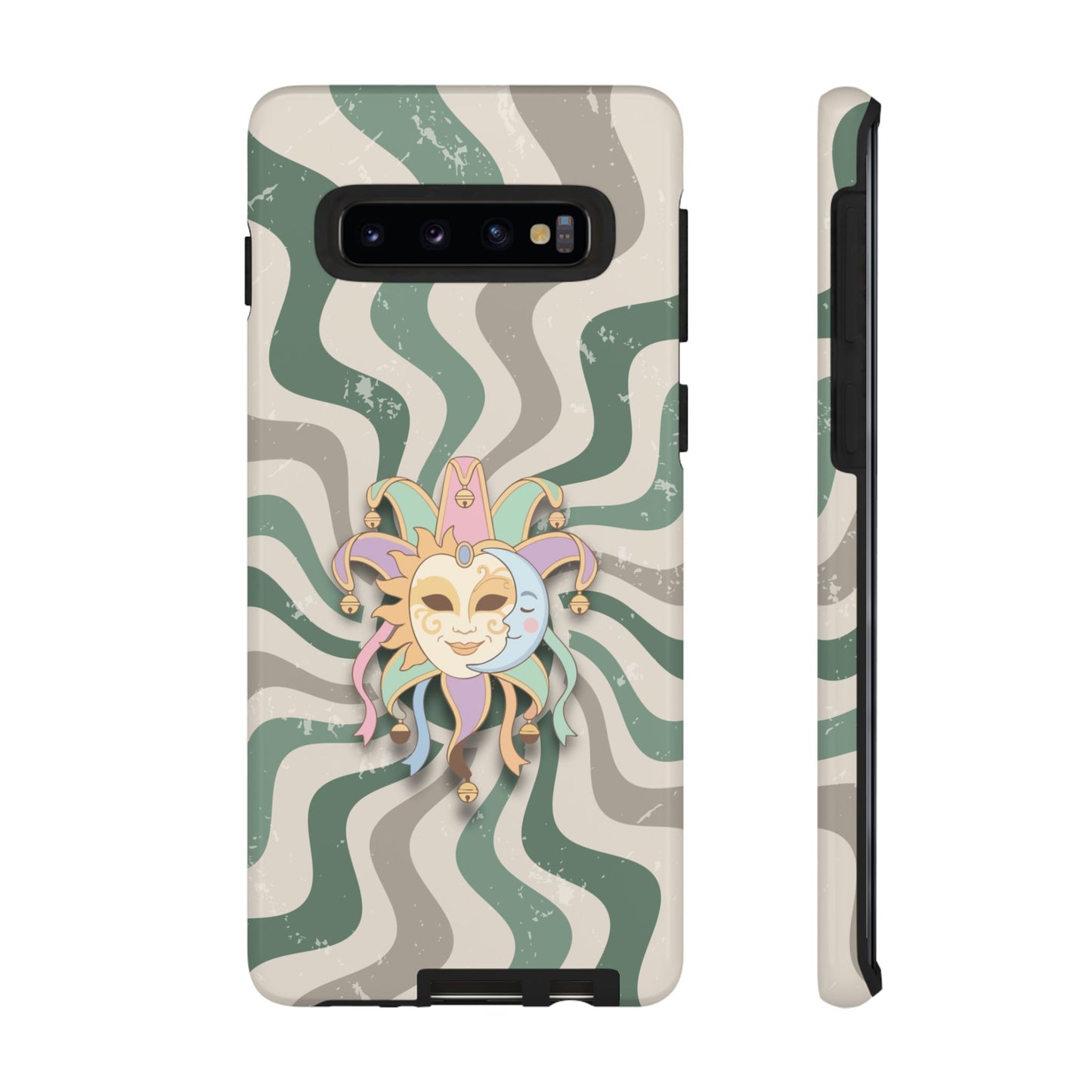Samsung Galaxy S10 / Glossy Phone Case - Sun & Moon Jester Mask – Green Retro Wave Phone Case