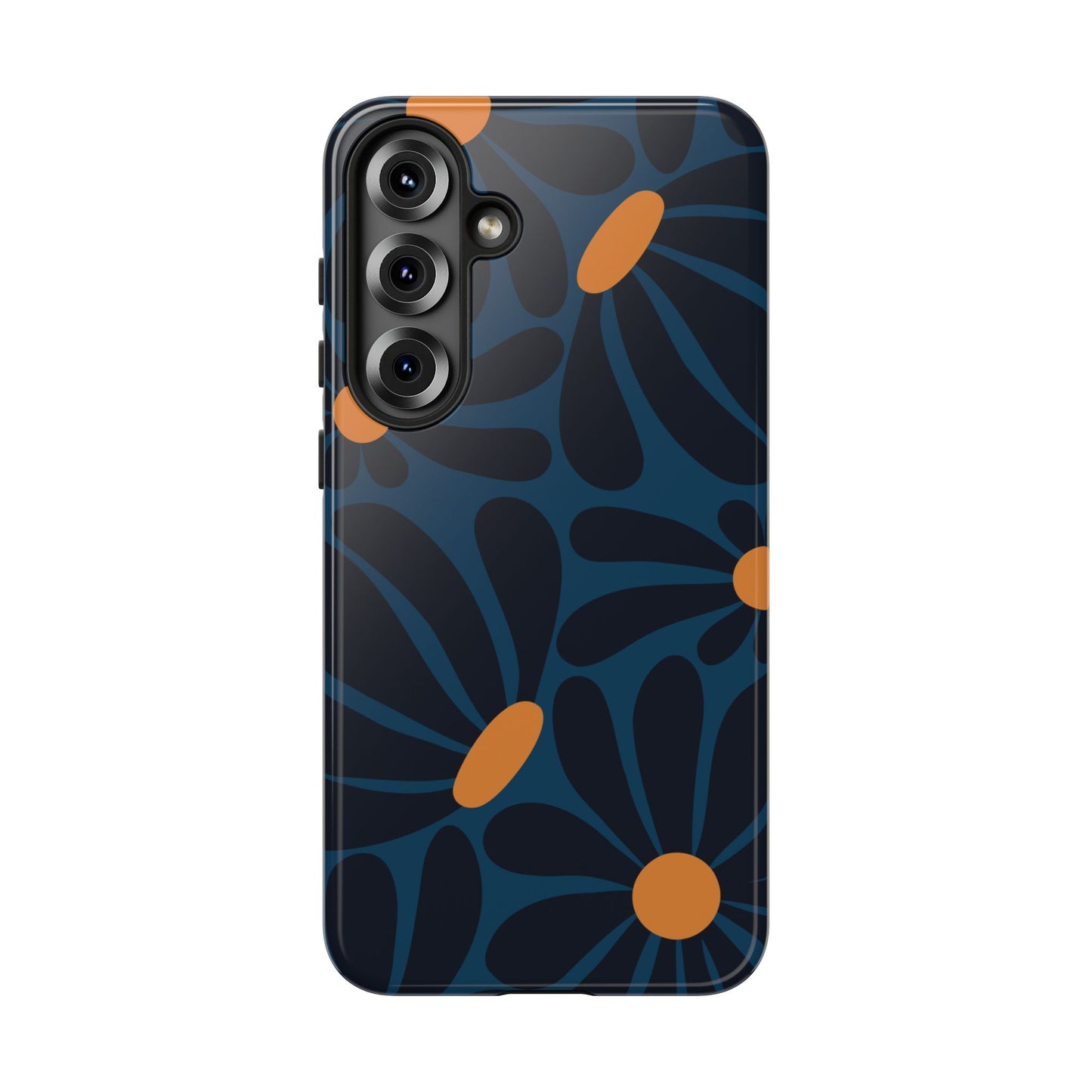 Samsung Galaxy S25 Plus / Glossy Phone Case - ’Dark Blue & Orange Daisy Pattern’ Phone Case