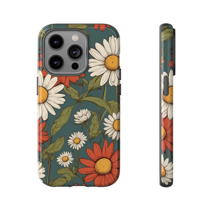 iPhone 14 Pro / Glossy Phone Case - Boho Chic Daisies Floral Pattern ’White & Red’ Phone Case