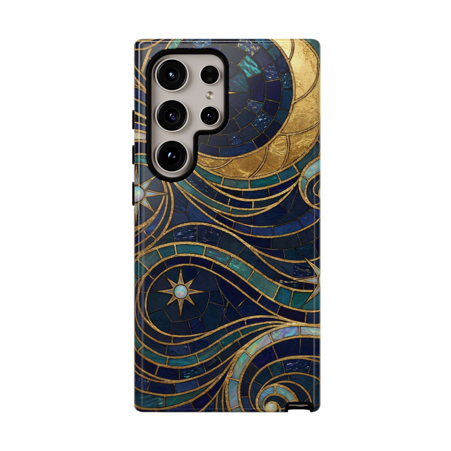 Elegant Navy & Gold Crescent Moon Mosaic Phone Case