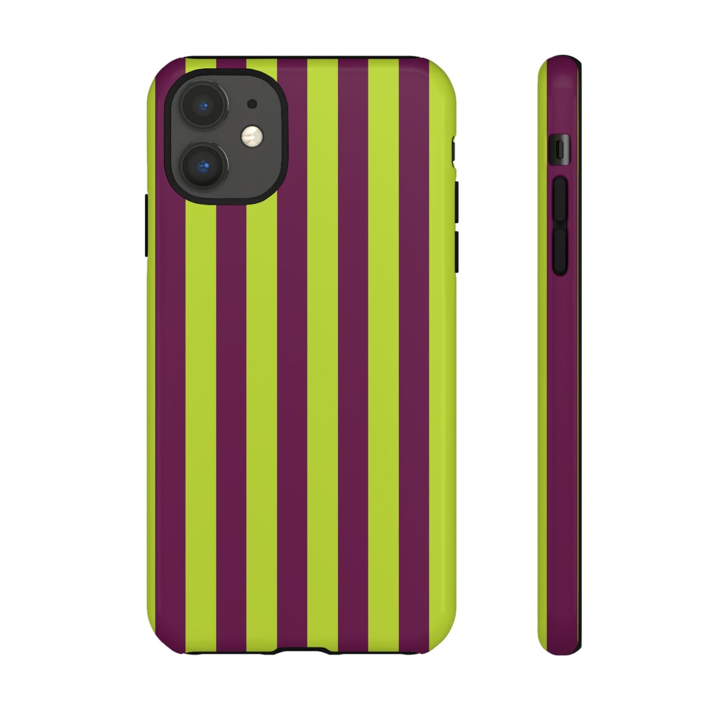 iPhone 11 / Glossy Phone Case - Trendy Neon Lime Green & Plum Stripe Pattern Phone Case