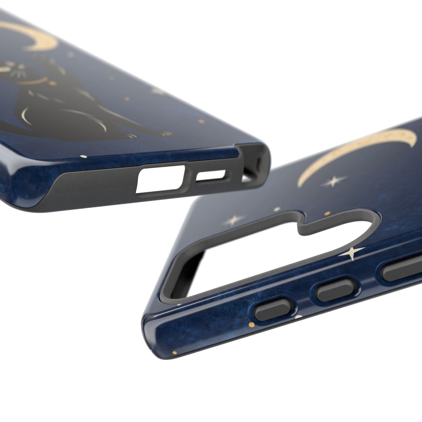 Whimsical Navy Blue Celestial Black Cat Phone Case