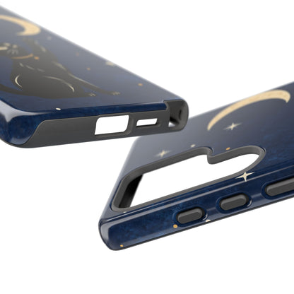 Whimsical Navy Blue Celestial Black Cat Phone Case