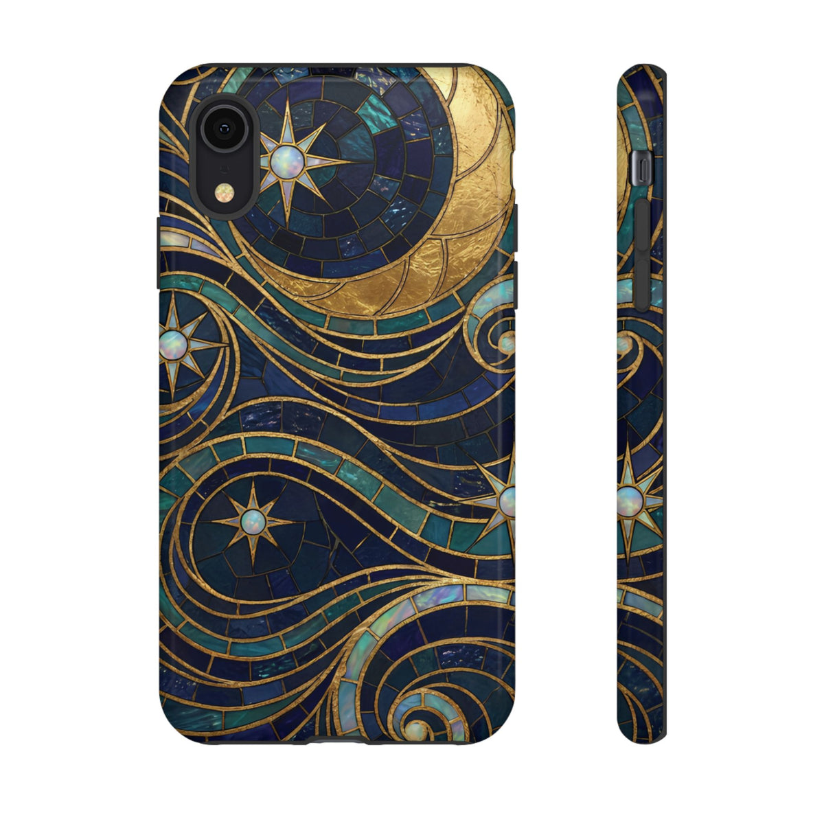 Elegant Navy & Gold Crescent Moon Mosaic Phone Case