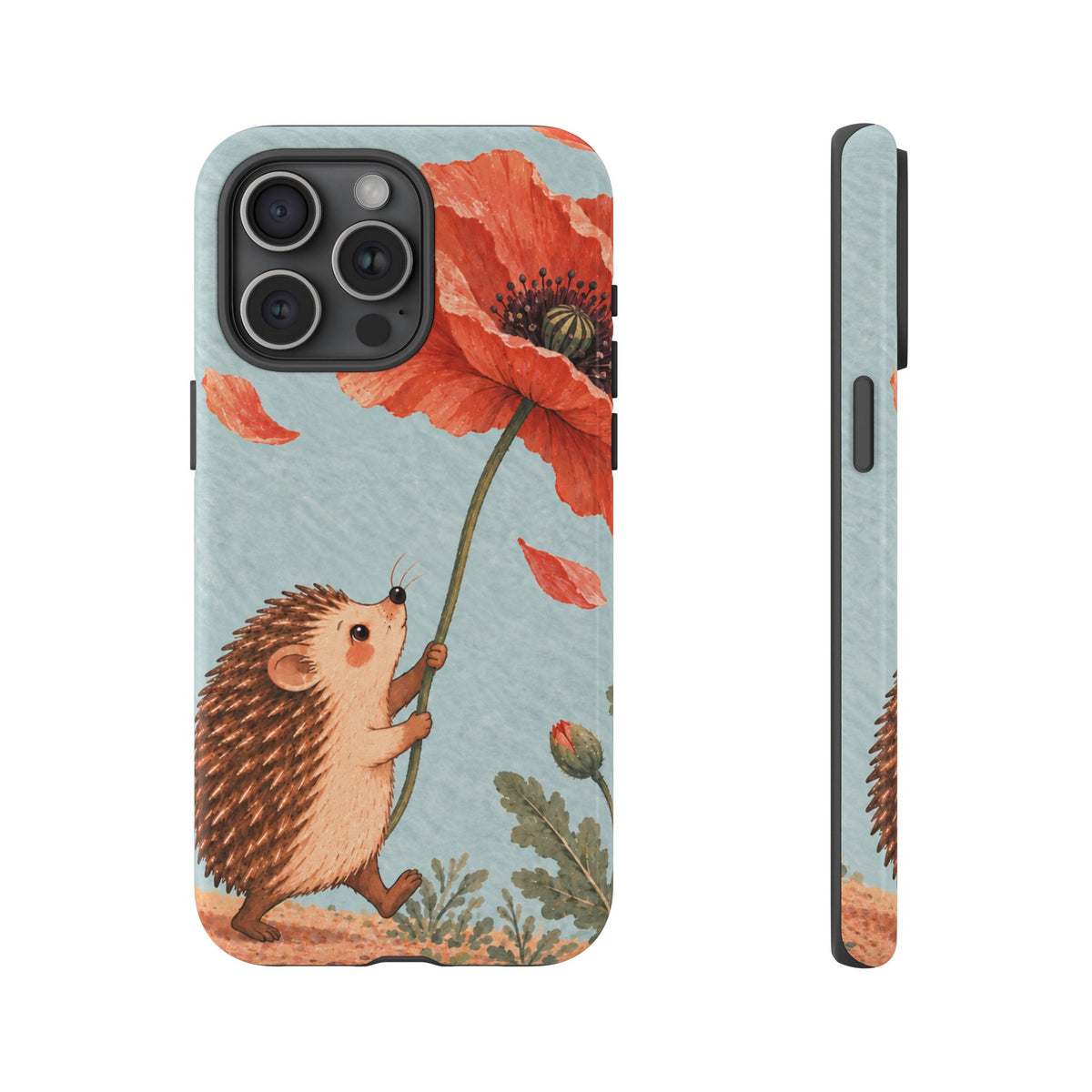 Whimsical Pale Blue Hedgehog and Poppy Phone Case - Blue Phone Case - iPhone 15 Pro Max / Glossy