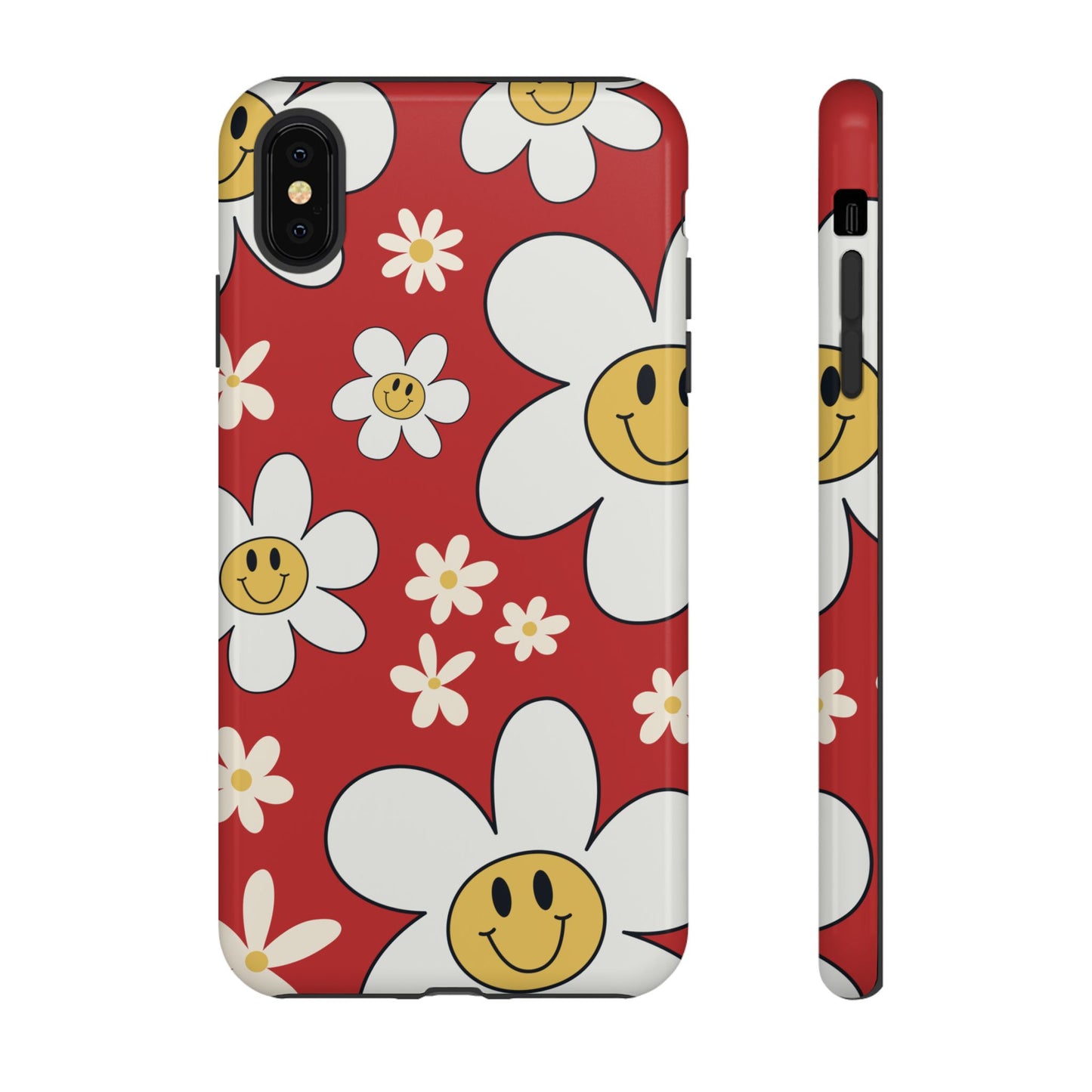 iPhone XS MAX / Glossy Phone Case - Fun Retro Daisy Pattern with Red Background Phone Case