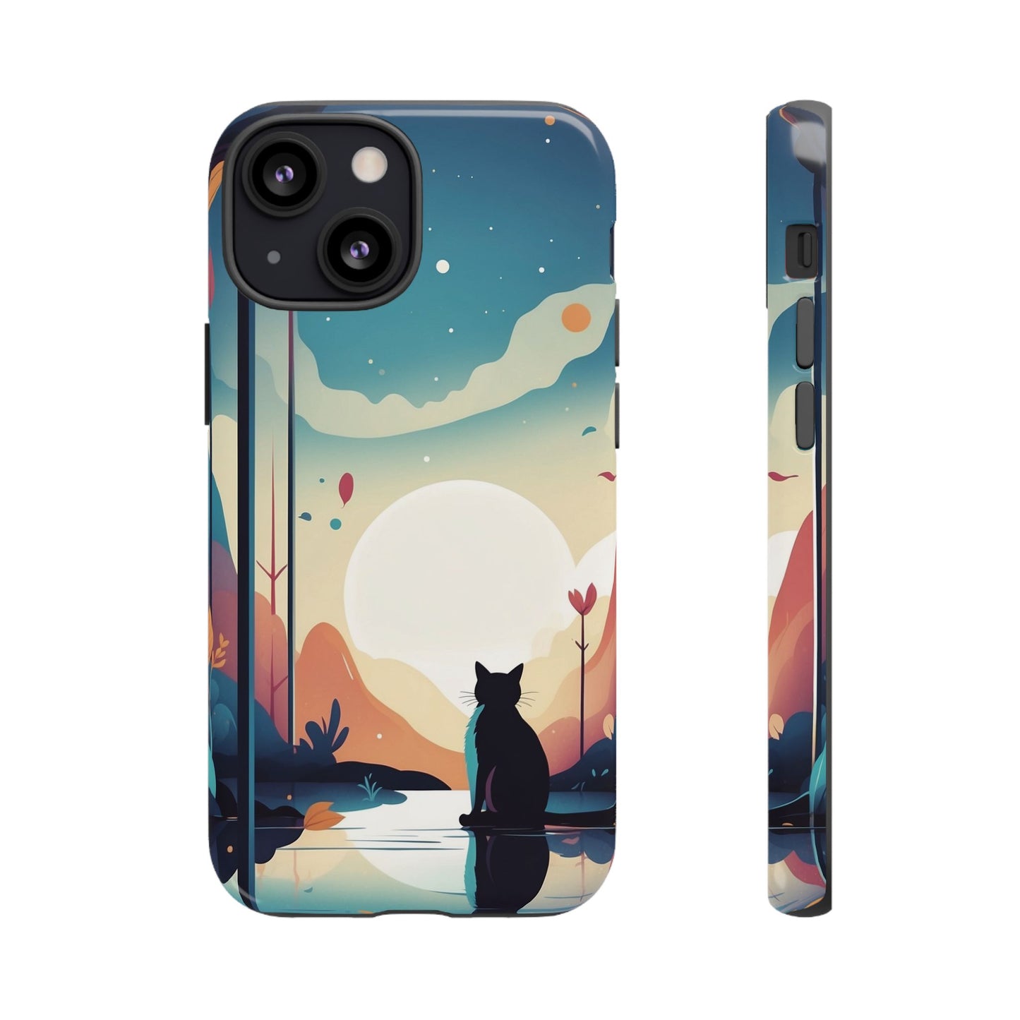 iPhone 13 Mini / Glossy Phone Case - Stylised Cat & Moon Design Phone Case