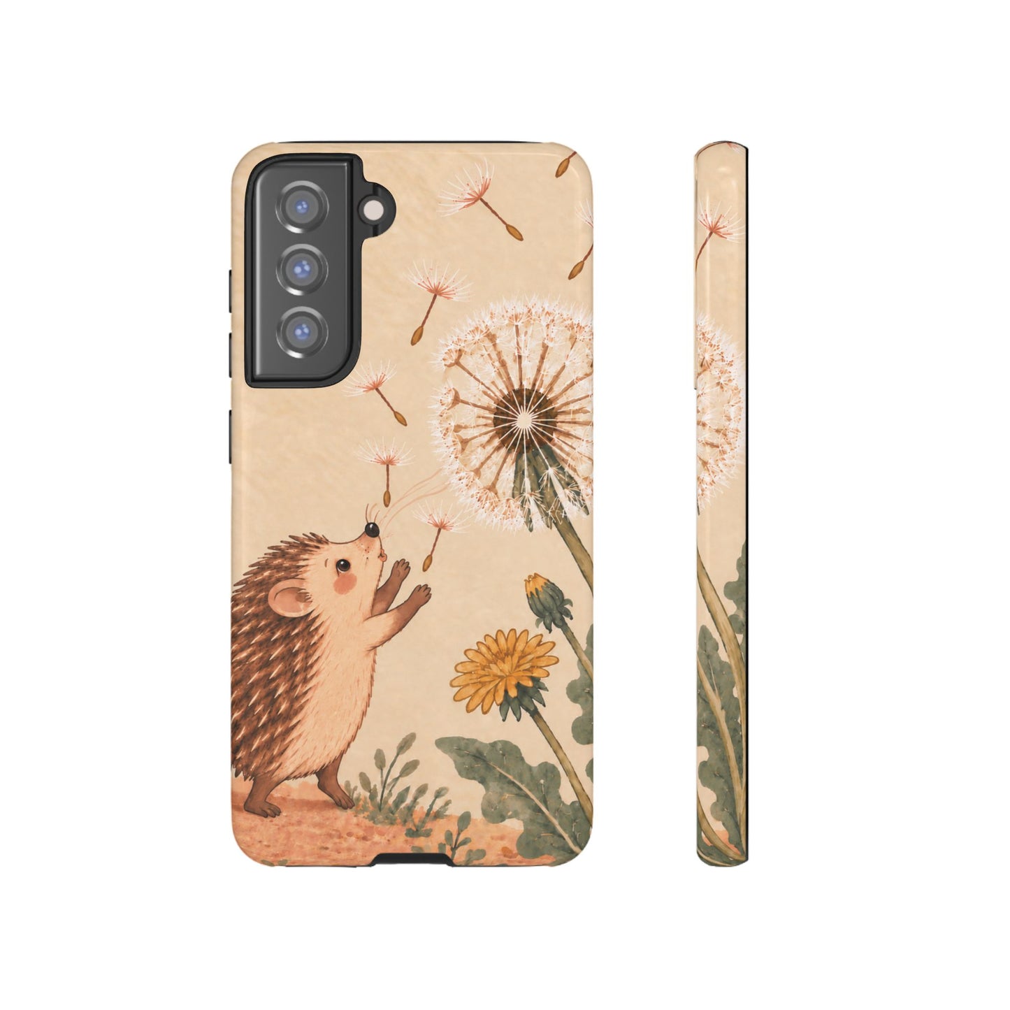 Whimsical Cream Hedgehog and Dandelion Phone Case - White Phone Case - Samsung Galaxy S21 FE / Glossy