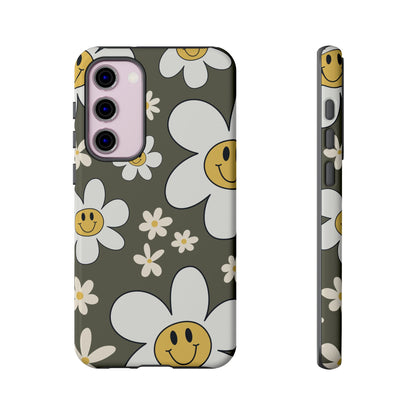 Fun Retro Daisy Pattern with Olive Green Background Phone Case - Green Phone Case - Samsung Galaxy S23 Plus / Glossy