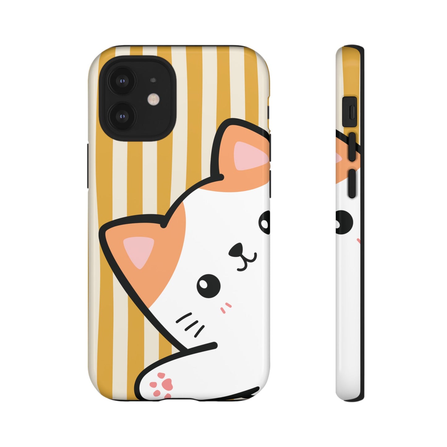 iPhone 12 Mini / Glossy Phone Case - Peakaboo Cat with Yellow Stripe Pattern Phone Case