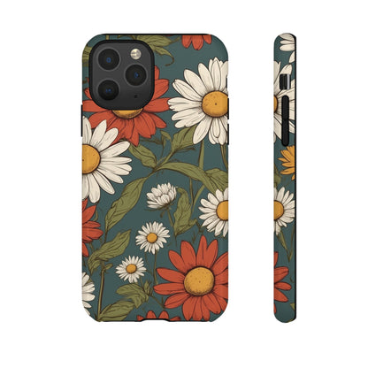 iPhone 11 Pro / Glossy Phone Case - Boho Chic Daisies Floral Pattern ’White & Red’ Phone Case