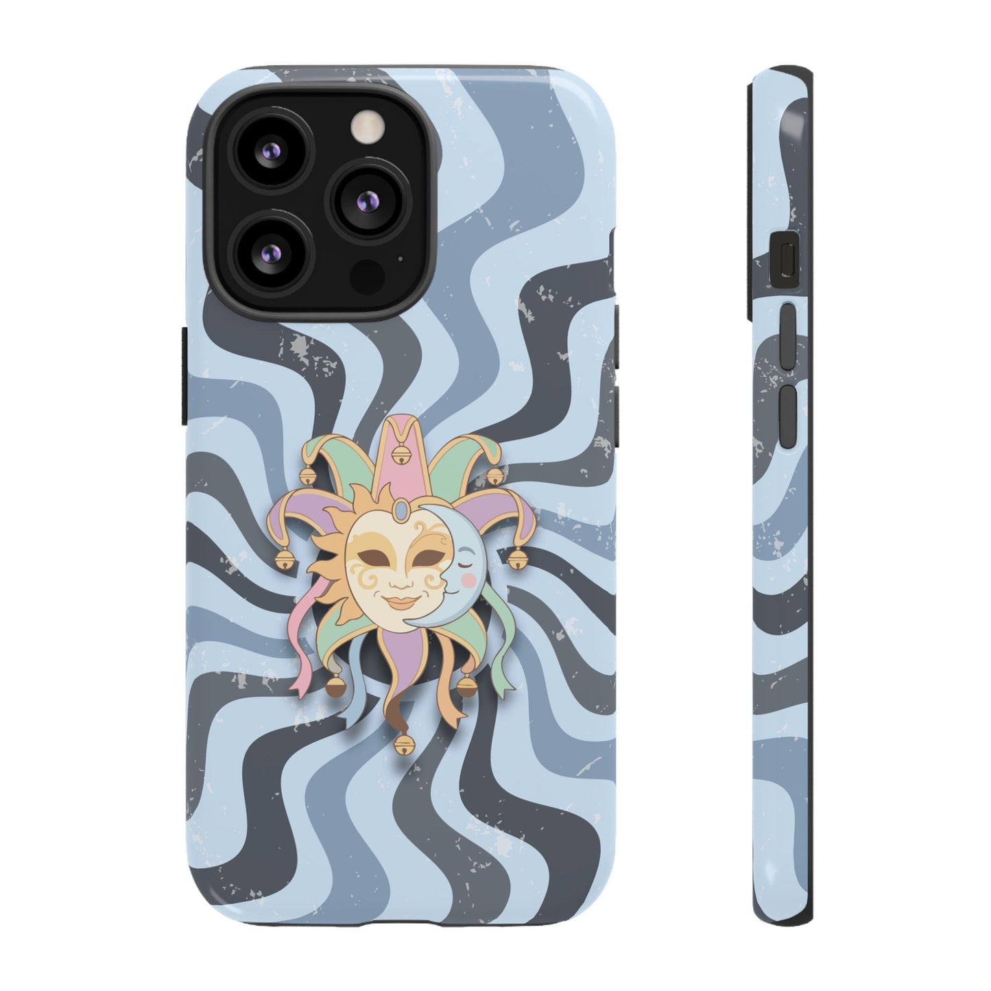 iPhone 13 Pro / Glossy Phone Case - Sun & Moon Jester Mask – Blue Retro Wave Phone Case
