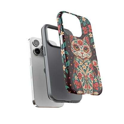 Vibrant Terracotta and Teal Calavera Cat Phone Case - Multicolor Phone Case