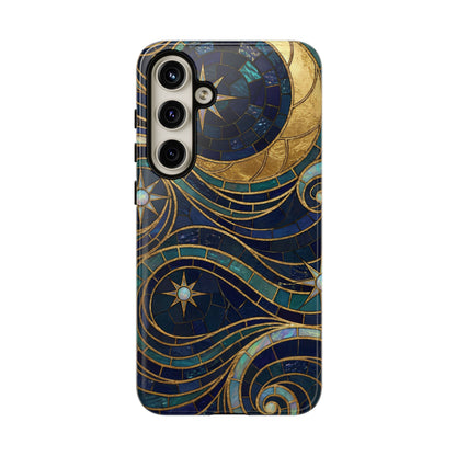 Elegant Navy & Gold Crescent Moon Mosaic Phone Case