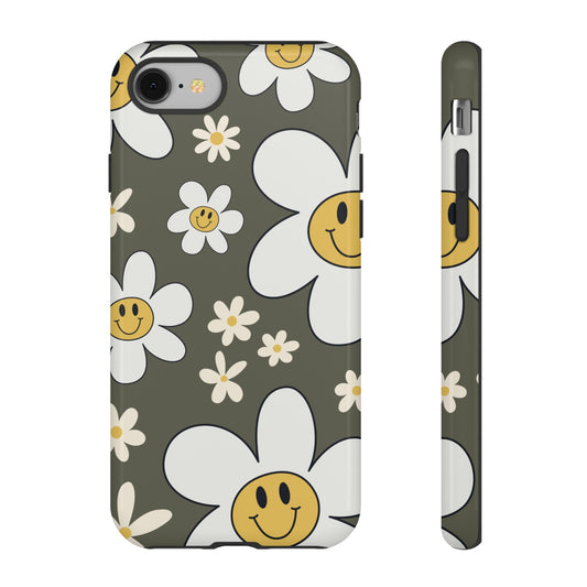 iPhone 8 / Glossy Phone Case - Fun Retro Daisy Pattern with Olive Green Background Phone Case