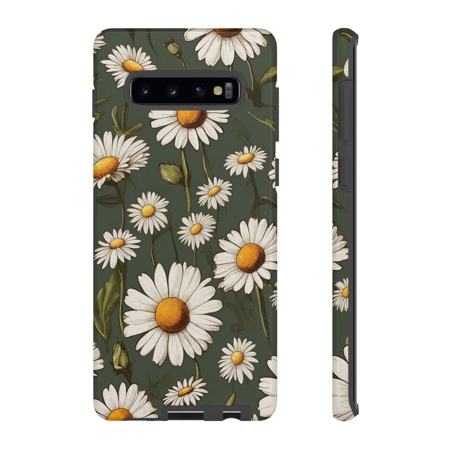 Samsung Galaxy S10 Plus / Glossy Phone Case - Boho Chic Daisies Floral Pattern ’White & Green’ Phone Case