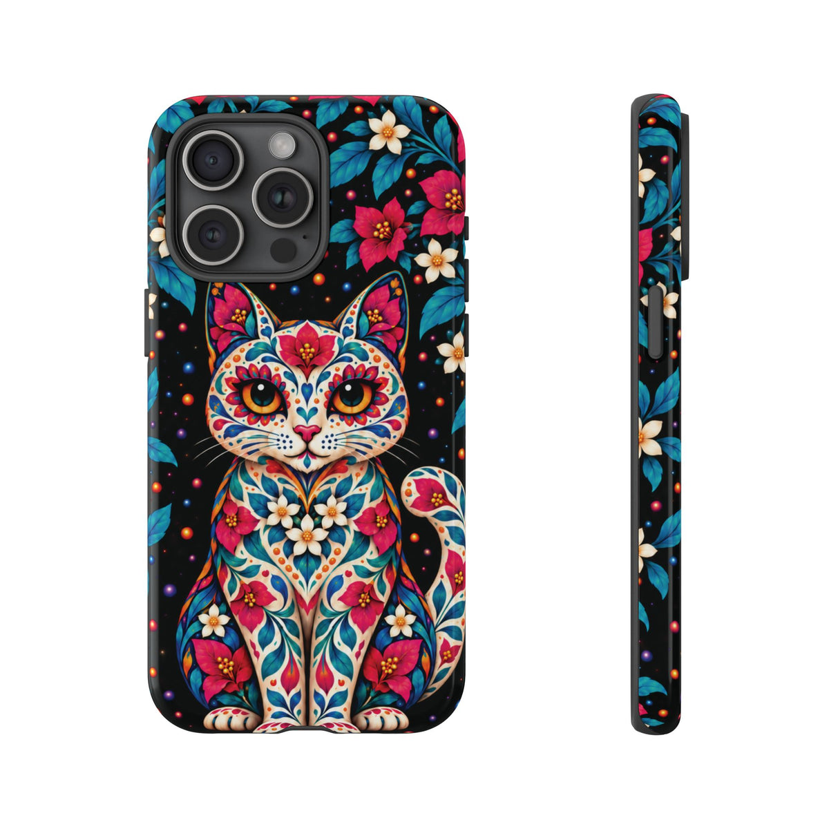 Vibrant Pink and Turquoise Calavera Cat Phone Case - Multicolor Phone Case - iPhone 15 Pro Max / Glossy