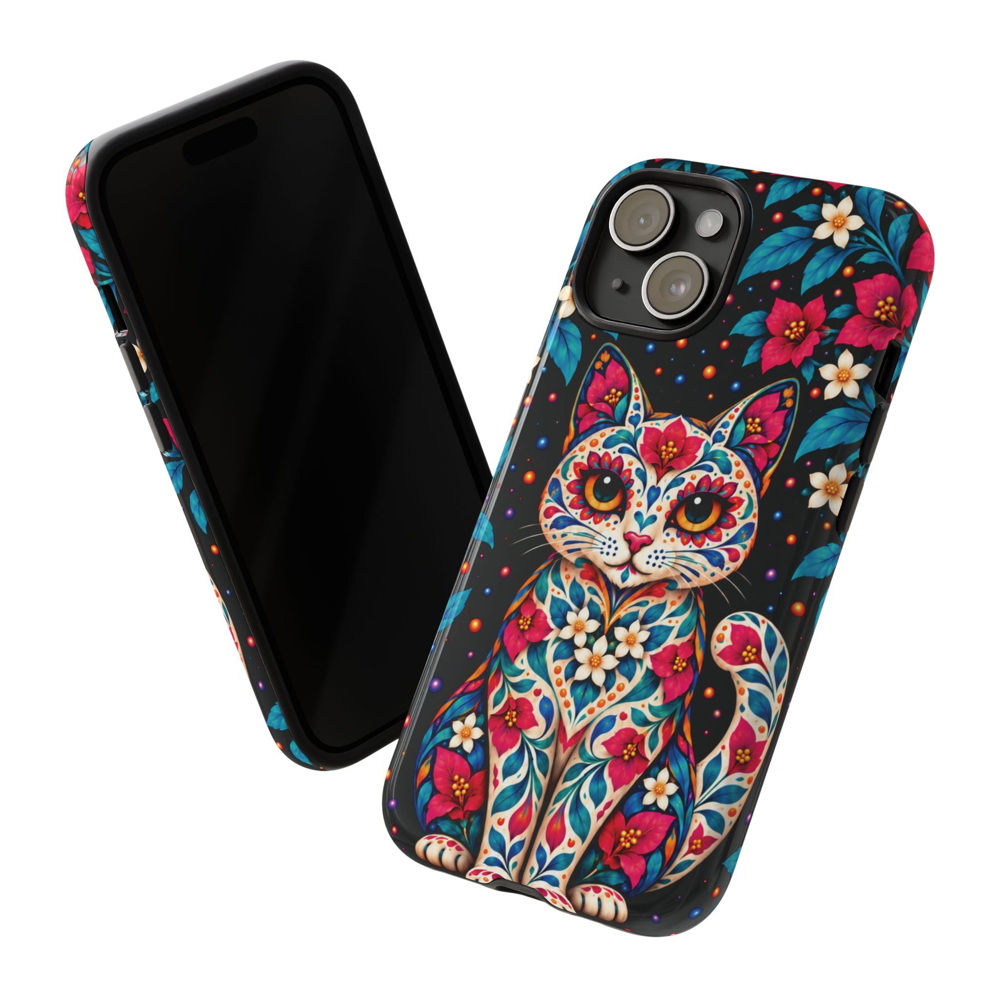 Vibrant Pink and Turquoise Calavera Cat Phone Case - Multicolor Phone Case