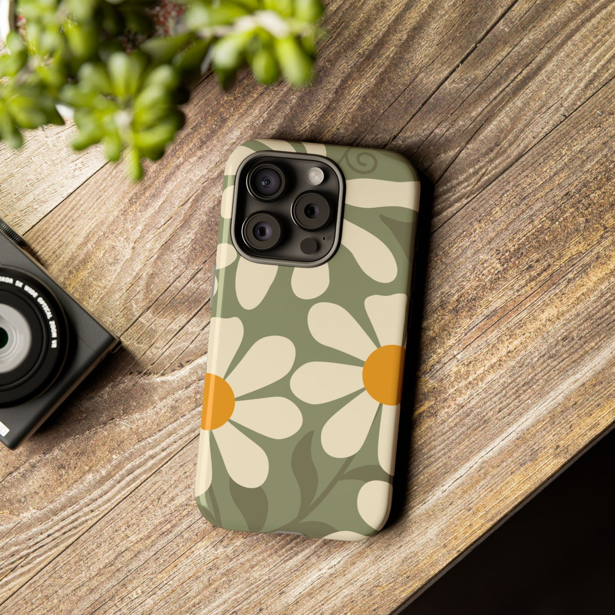 Retro Green Daisy Pattern #2 Phone Case - Green Phone Case