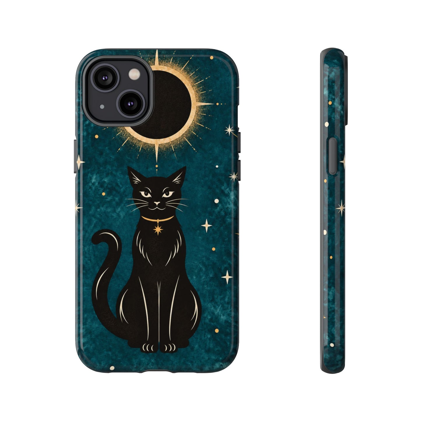 Whimsical Teal Celestial Black Cat Phone Case