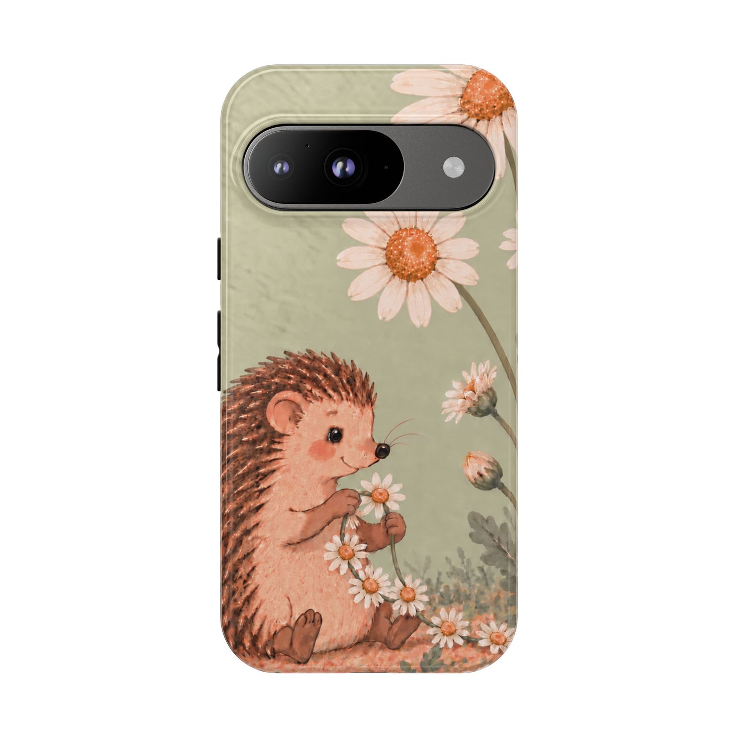 Whimsical Sage Green Hedgehog and Daisy Chain Phone Case - Green Phone Case - Google Pixel 9 / Glossy