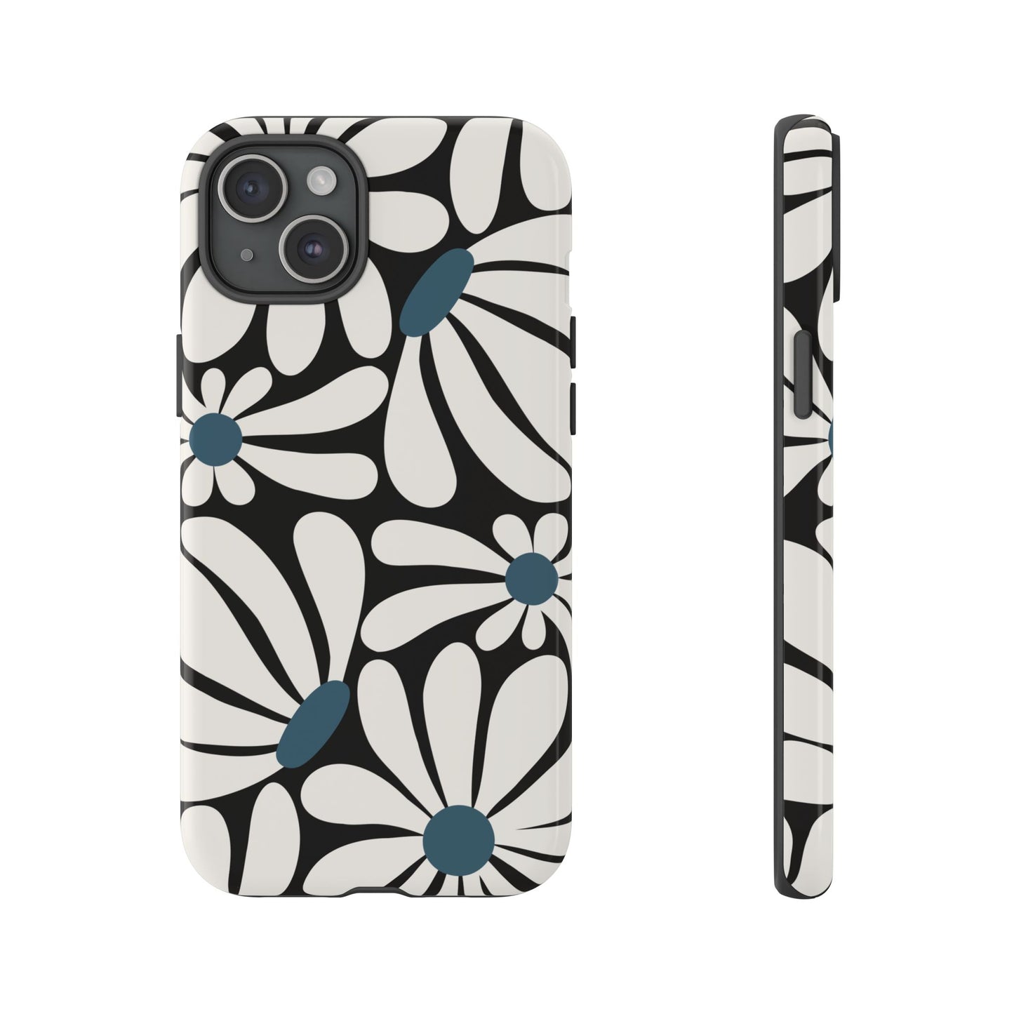 iPhone 15 Plus / Glossy Phone Case - Retro Black Daisy Pattern Phone Case