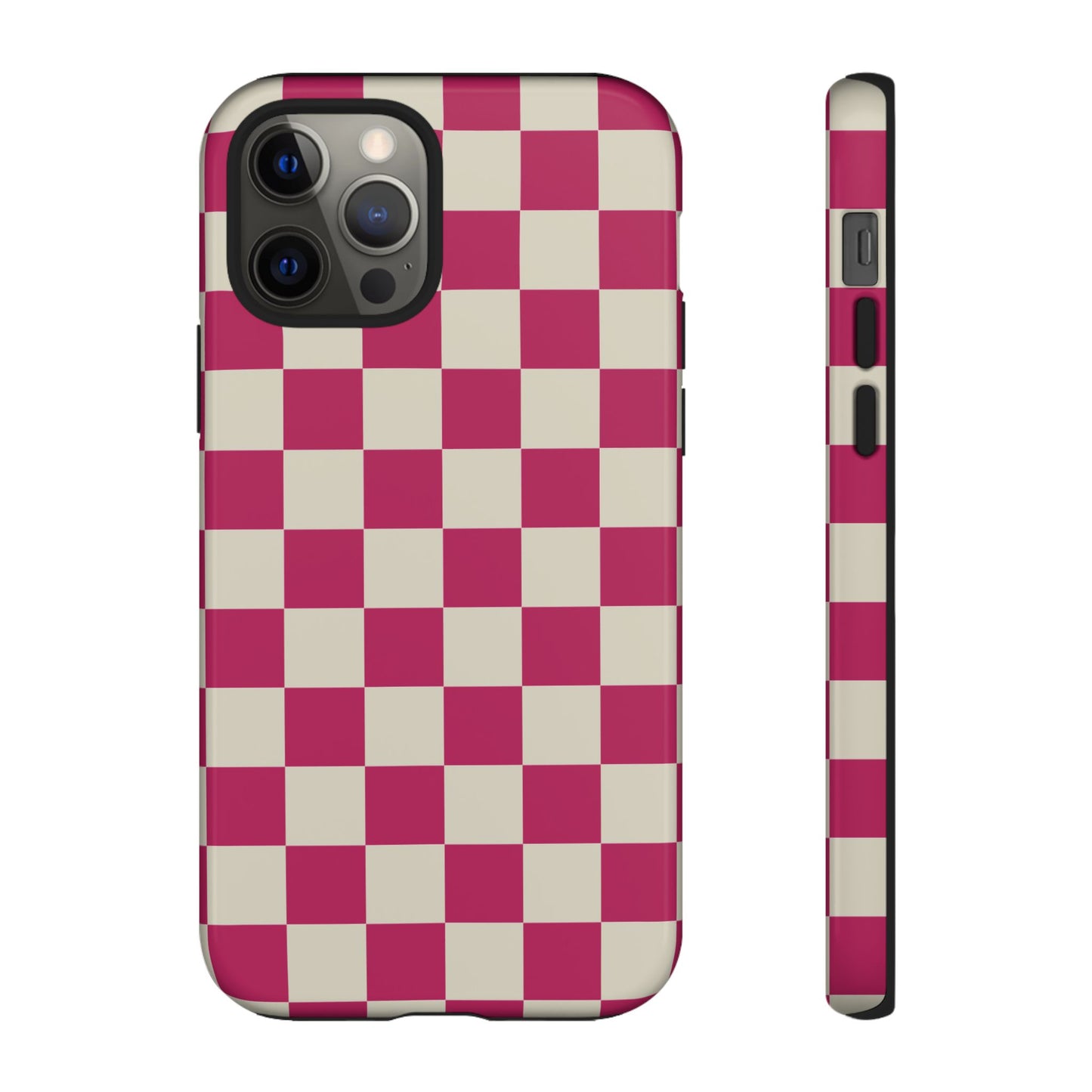 iPhone 12 Pro / Glossy Phone Case - ’Pink & White Checkered Pattern’ Phone Case