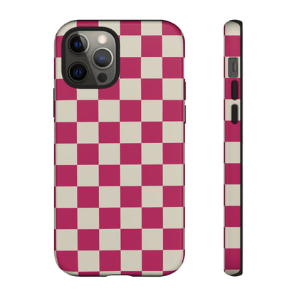 iPhone 12 Pro / Glossy Phone Case - ’Pink & White Checkered Pattern’ Phone Case