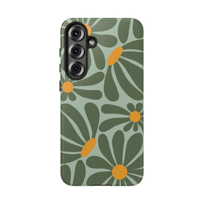 Retro Green Daisy Pattern Phone Case - Green Phone Case - Samsung Galaxy S25 Plus / Glossy