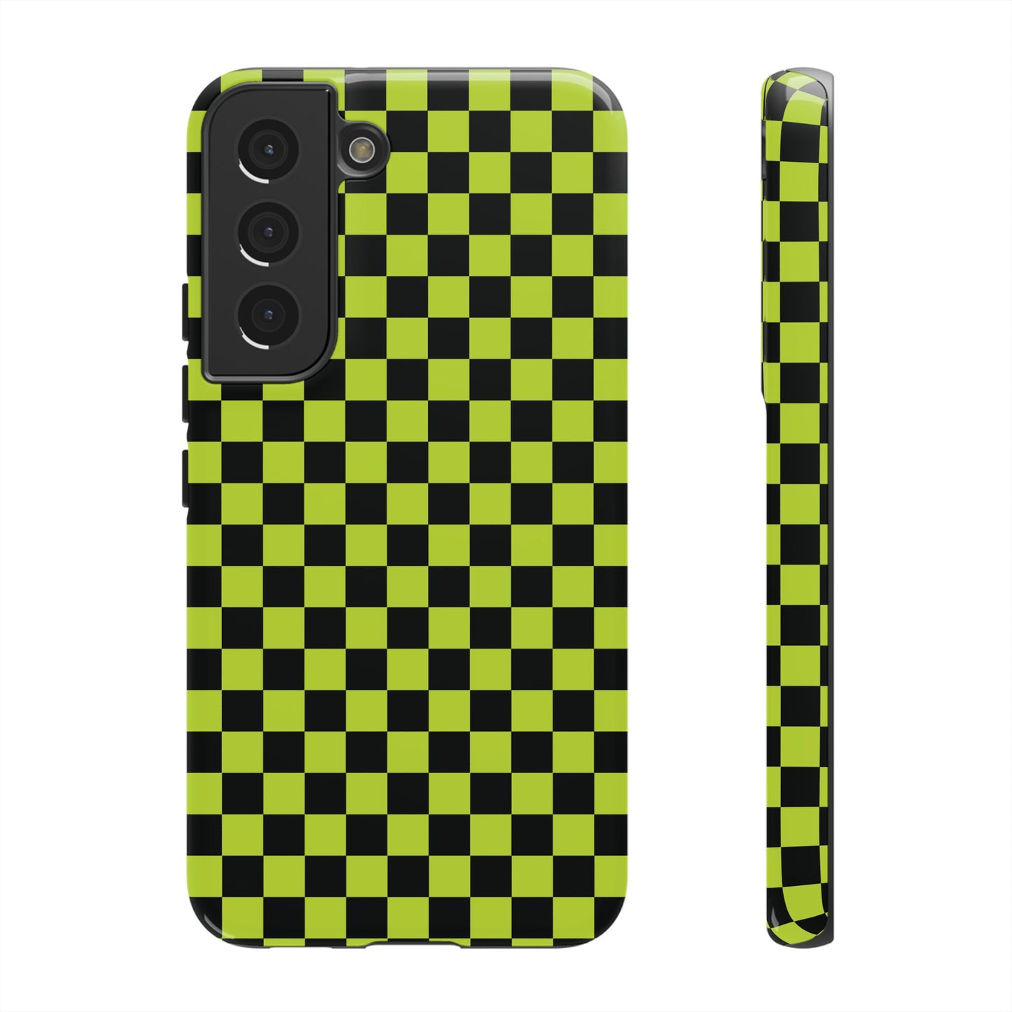 Samsung Galaxy S22 / Glossy Phone Case - Trendy Neon Lime Green & Plum Small Checked Pattern Phone Case