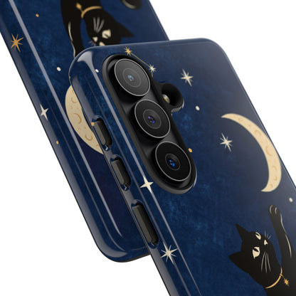 Whimsical Navy Blue Celestial Black Cat Phone Case