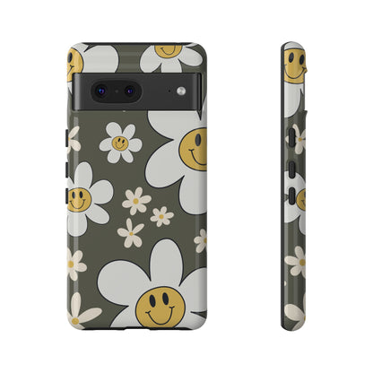 Google Pixel 7 / Glossy Phone Case - Fun Retro Daisy Pattern with Olive Green Background Phone Case