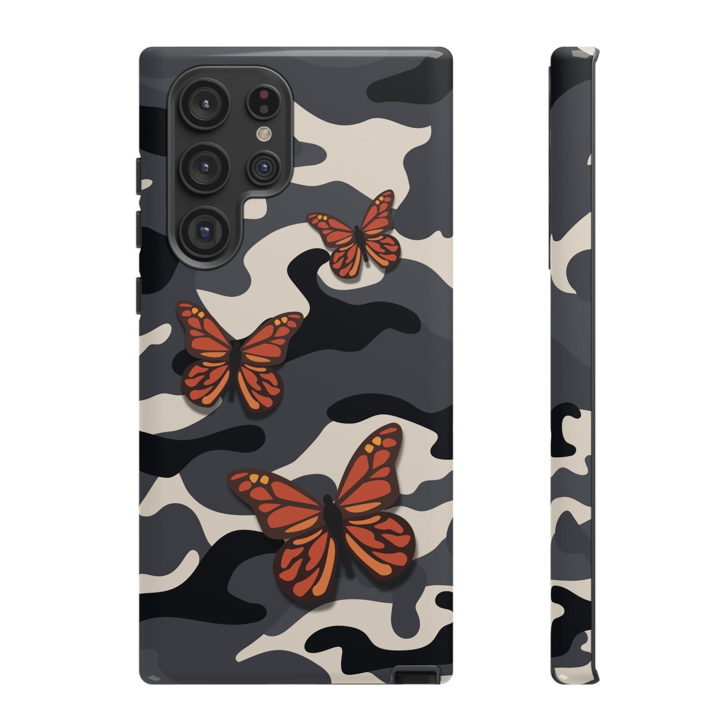 Samsung Galaxy S22 Ultra / Glossy Phone Case - Black & Orange Butterfly Camo Phone Case