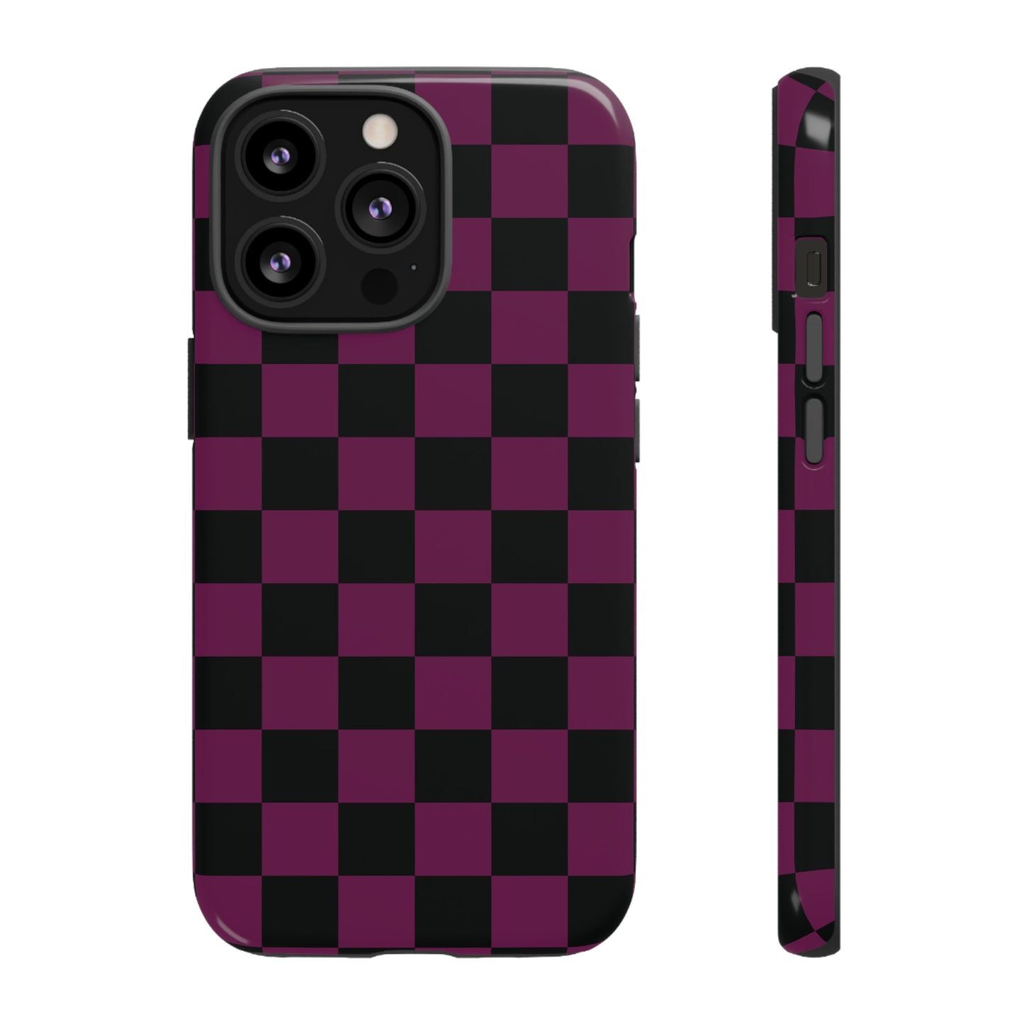 iPhone 13 Pro / Glossy Phone Case - Trendy Plum & Black Checked Pattern Phone Case