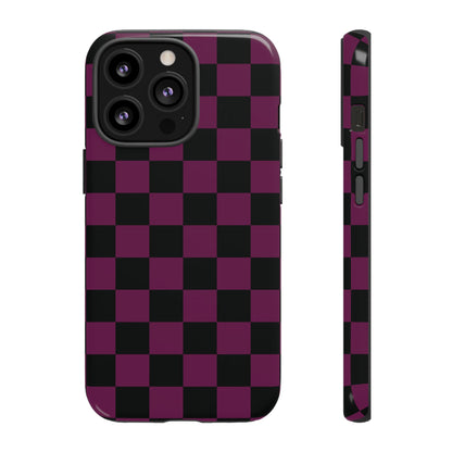 iPhone 13 Pro / Glossy Phone Case - Trendy Plum & Black Checked Pattern Phone Case