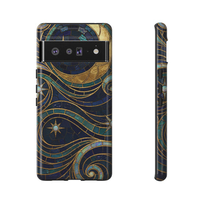 Elegant Navy & Gold Crescent Moon Mosaic Phone Case