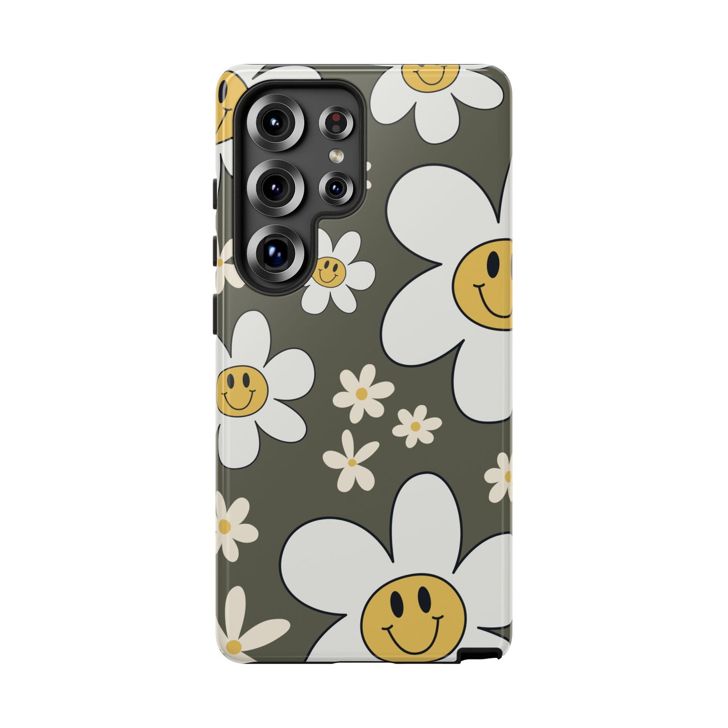 Samsung Galaxy S25 Ultra / Glossy Phone Case - Fun Retro Daisy Pattern with Olive Green Background Phone Case