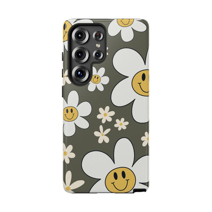 Samsung Galaxy S25 Ultra / Glossy Phone Case - Fun Retro Daisy Pattern with Olive Green Background Phone Case