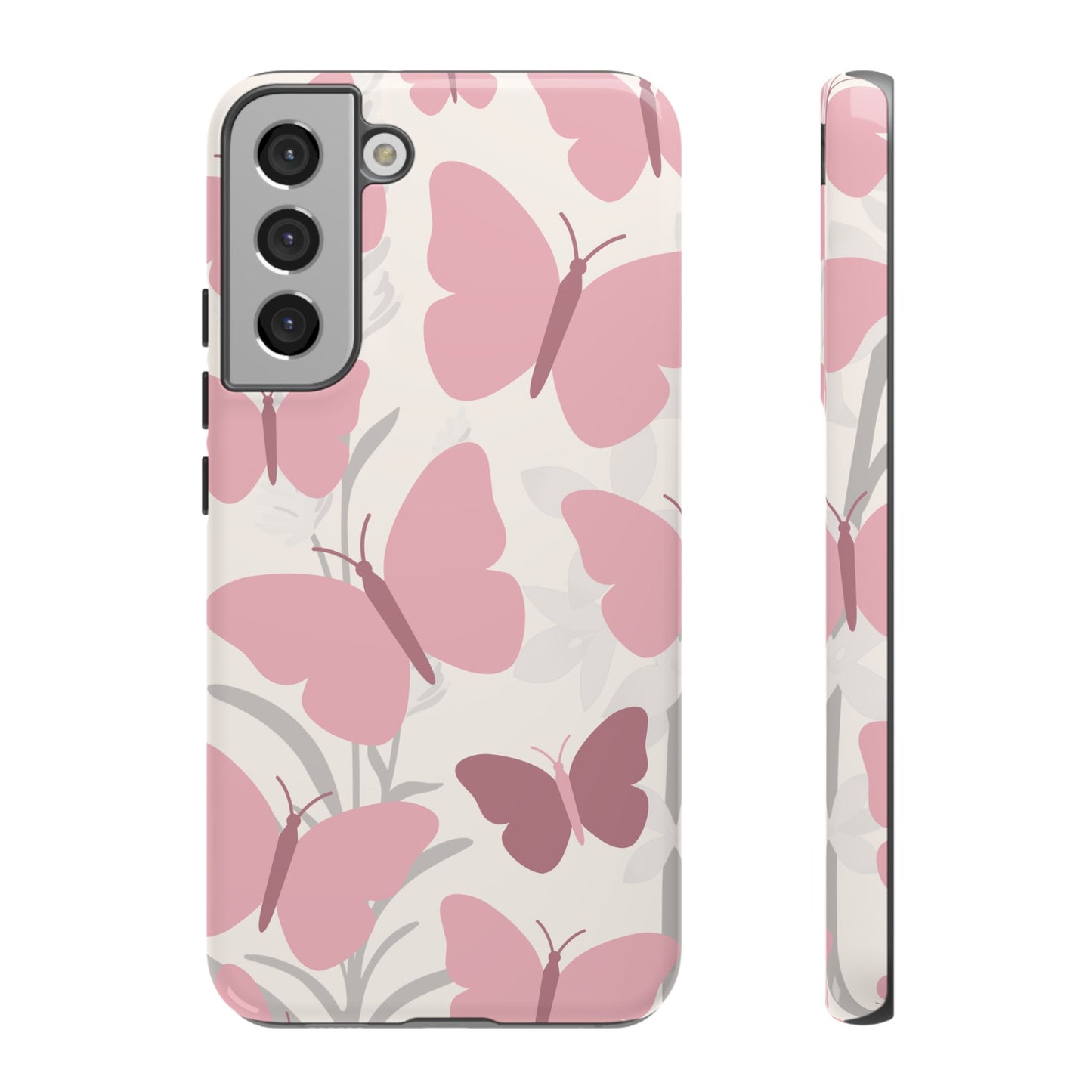 Samsung Galaxy S22 Plus / Glossy Phone Case - Minimalist Cream & Pink Butterfly Pattern Phone Case
