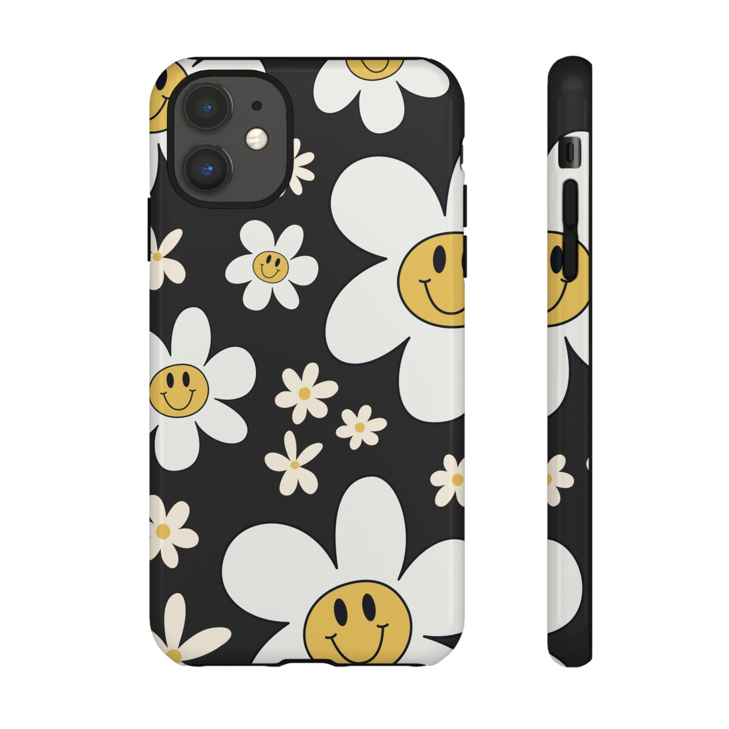 iPhone 11 / Glossy Phone Case - Fun Retro Daisy Pattern with Dark Grey Background Phone Case