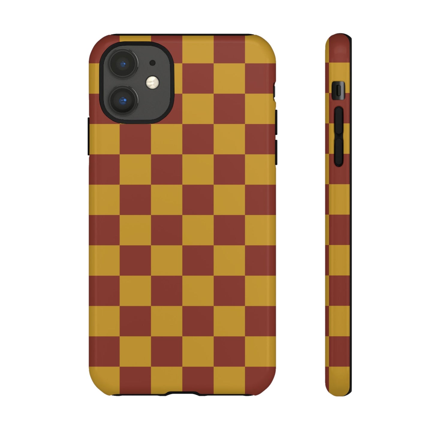 iPhone 11 / Glossy Phone Case - Trendy Mustard & Burgandy Checked Pattern Phone Case