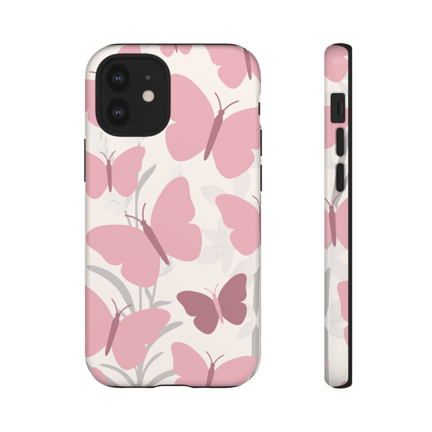 iPhone 12 Mini / Glossy Phone Case - Minimalist Cream & Pink Butterfly Pattern Phone Case