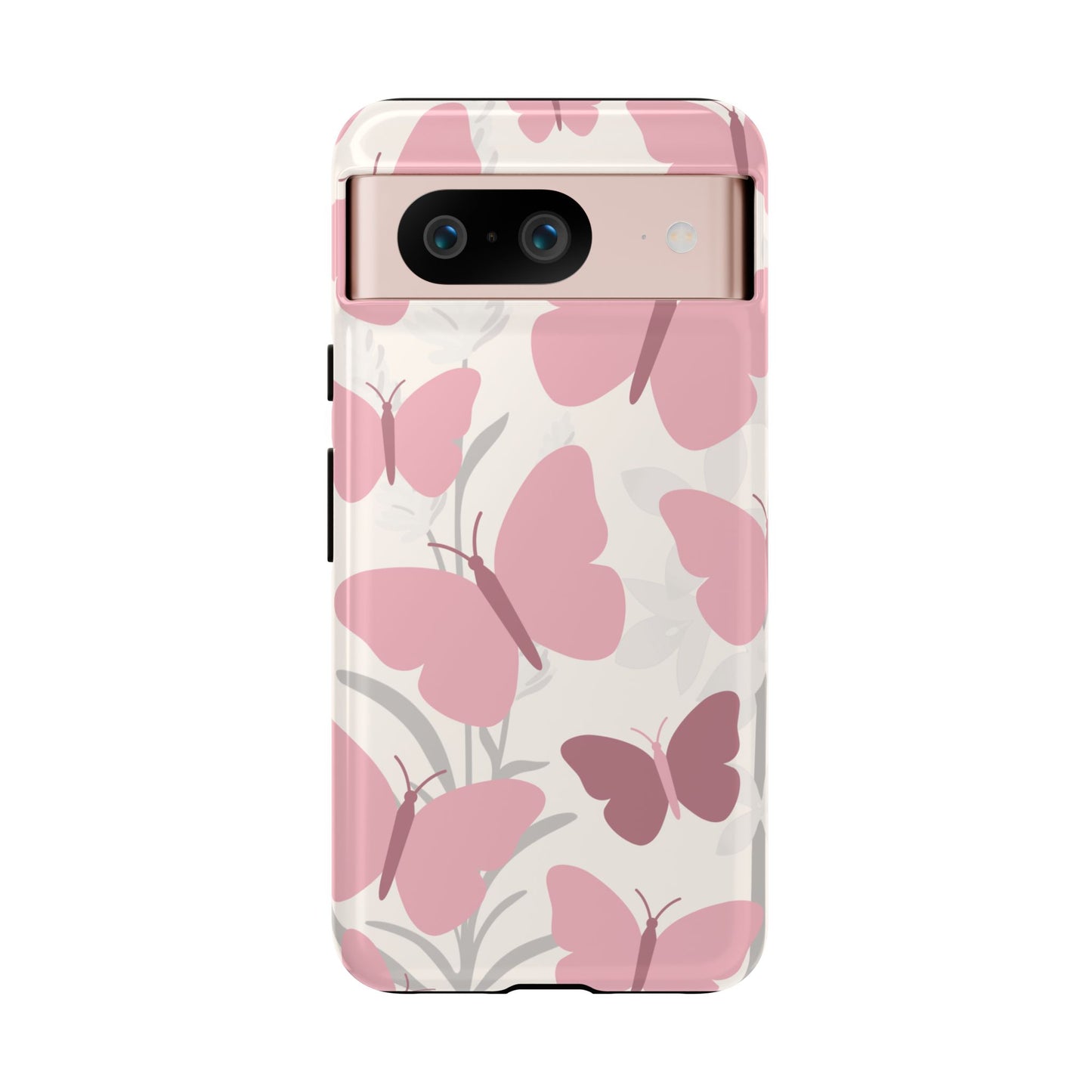 Google Pixel 8 / Glossy Phone Case - Minimalist Cream & Pink Butterfly Pattern Phone Case