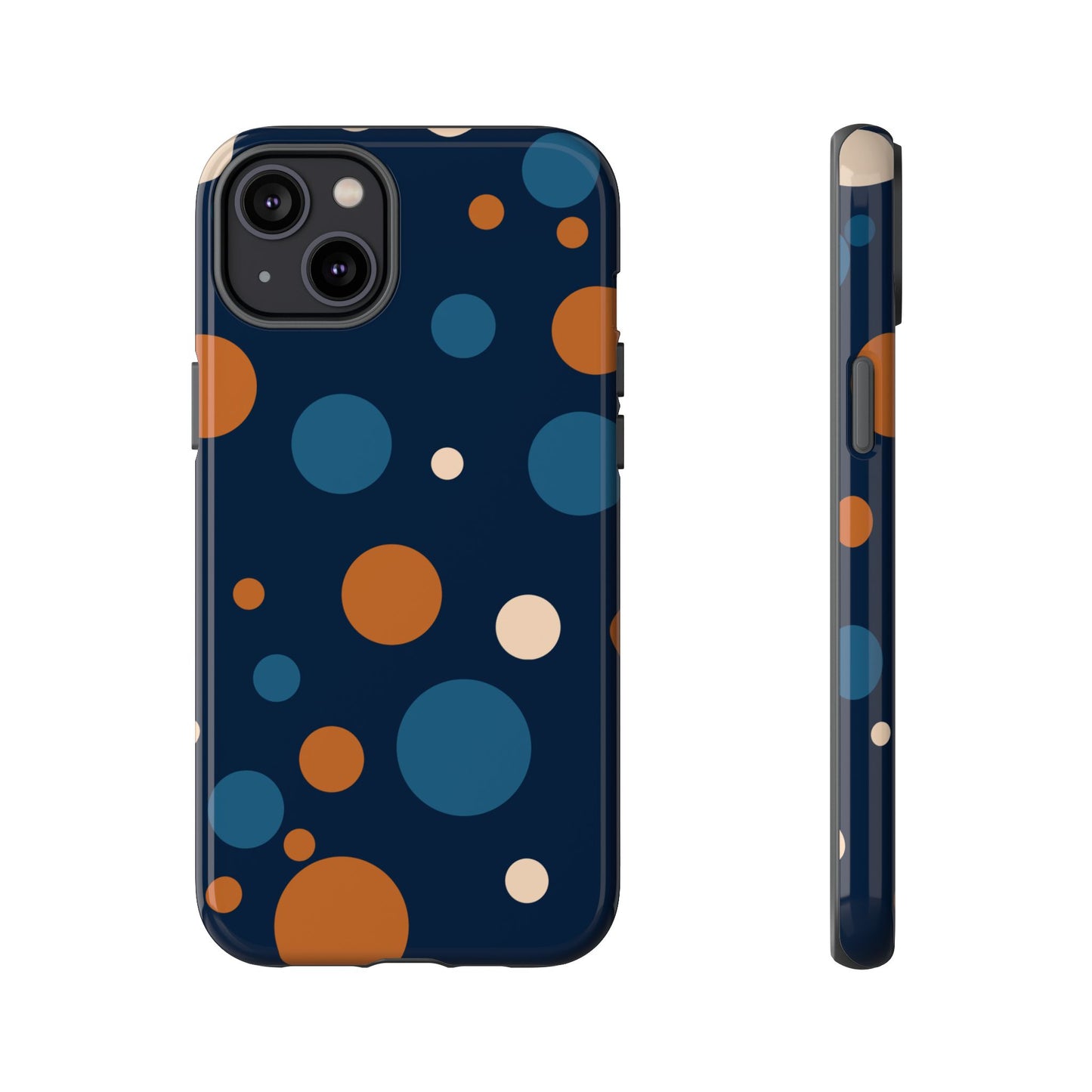 iPhone 14 Plus / Glossy Phone Case - ’Bold Navy Blue & Orange / White Dot Pattern’ Phone Case