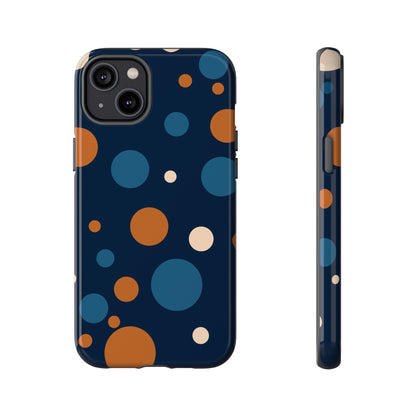 iPhone 14 Plus / Glossy Phone Case - ’Bold Navy Blue & Orange / White Dot Pattern’ Phone Case