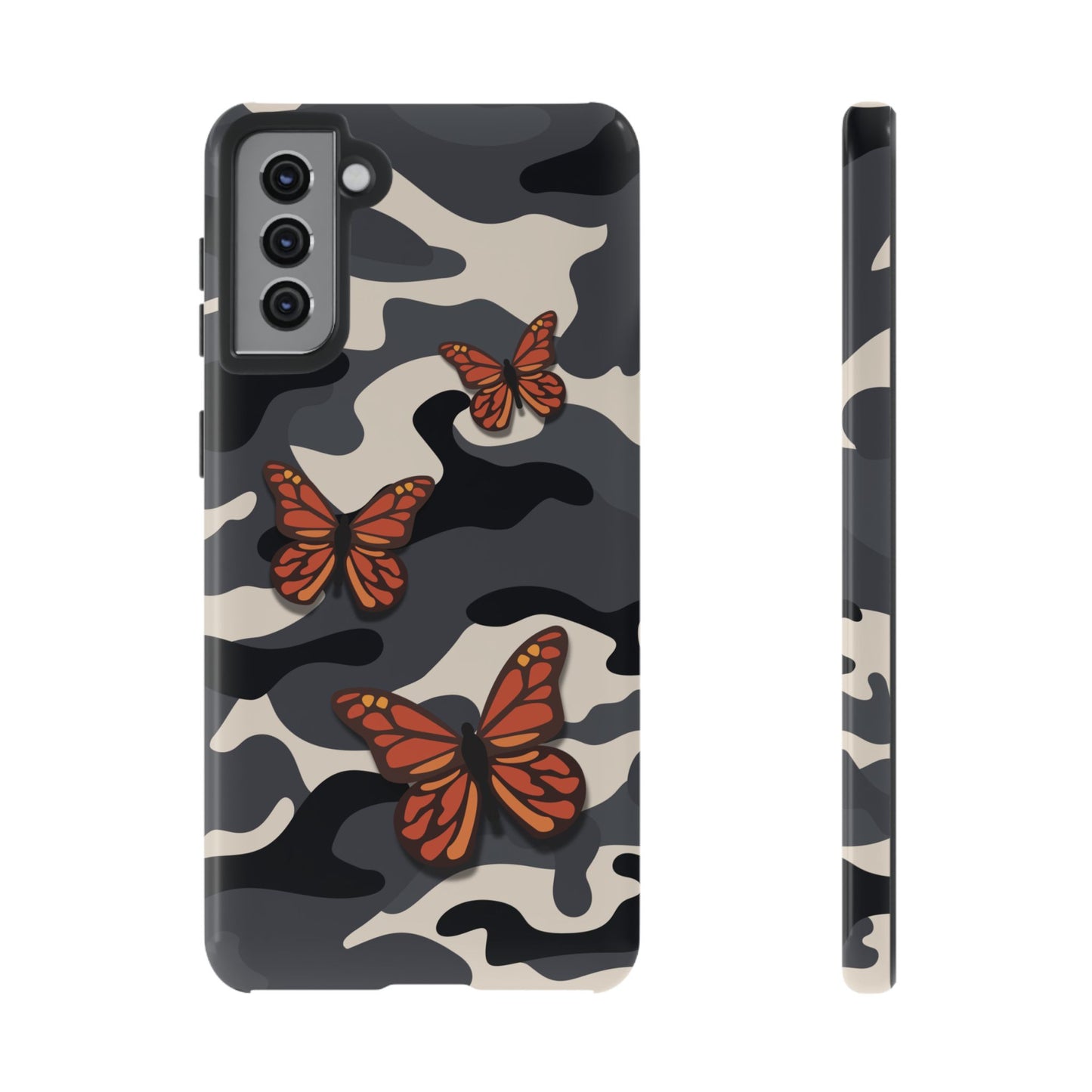 Samsung Galaxy S21 Plus / Glossy Phone Case - Black & Orange Butterfly Camo Phone Case