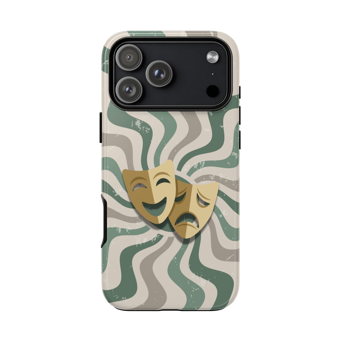 iPhone 17 Pro Max / Glossy Phone Case - Comedy & Tragedy Masks – Green Minimal Retro Wave Phone Case