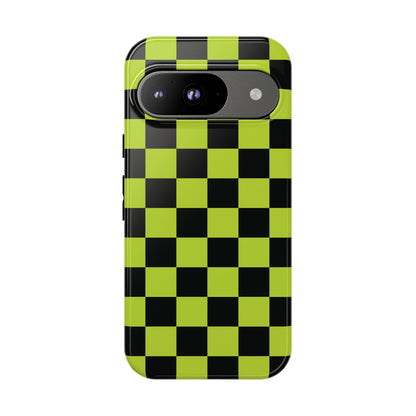 Google Pixel 9 / Glossy Phone Case - Trendy Neon Lime Green & Black Checked Pattern Phone Case