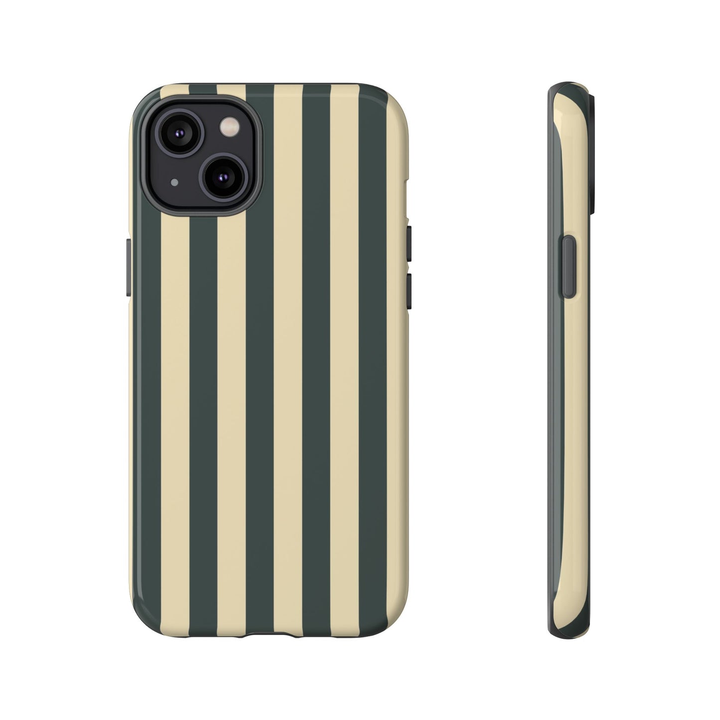 iPhone 14 Plus / Glossy Phone Case - ’Green & Beige Stripe Pattern’ Phone Case