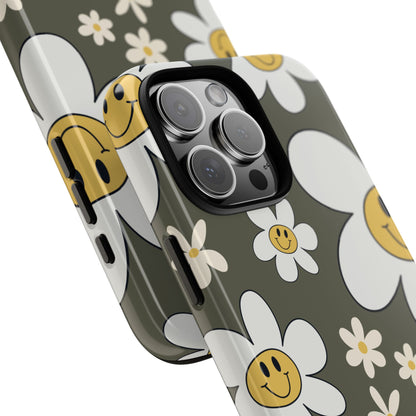 Fun Retro Daisy Pattern with Olive Green Background Phone Case - Green Phone Case